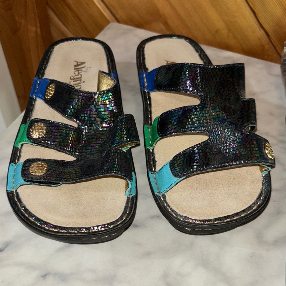 Alegria VEN-718 Venus Blue Gleam Multicolor Leather 3-Strap Sandals size 37